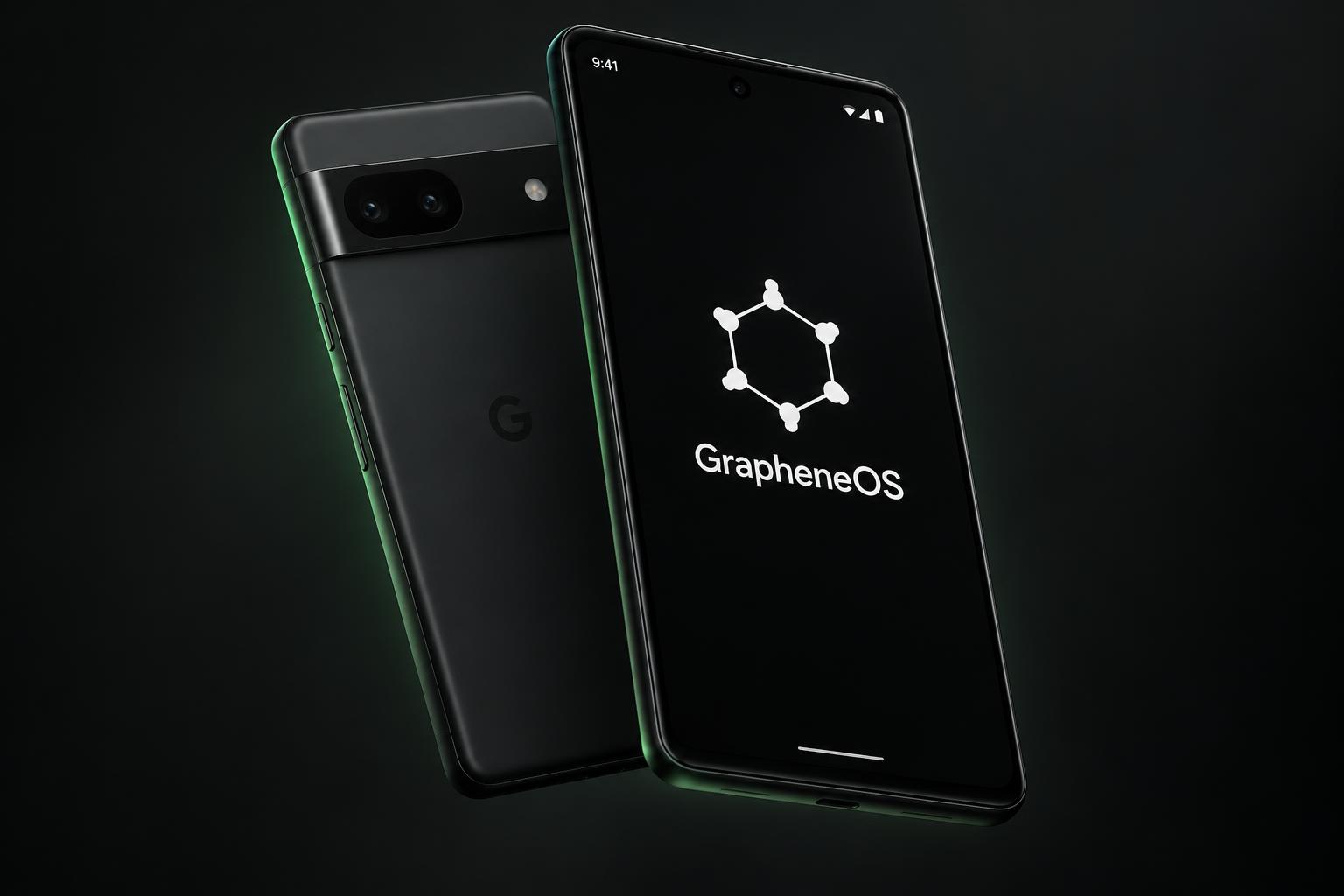 A matte black Google Pixel smartphone lit by a cool green studio glow