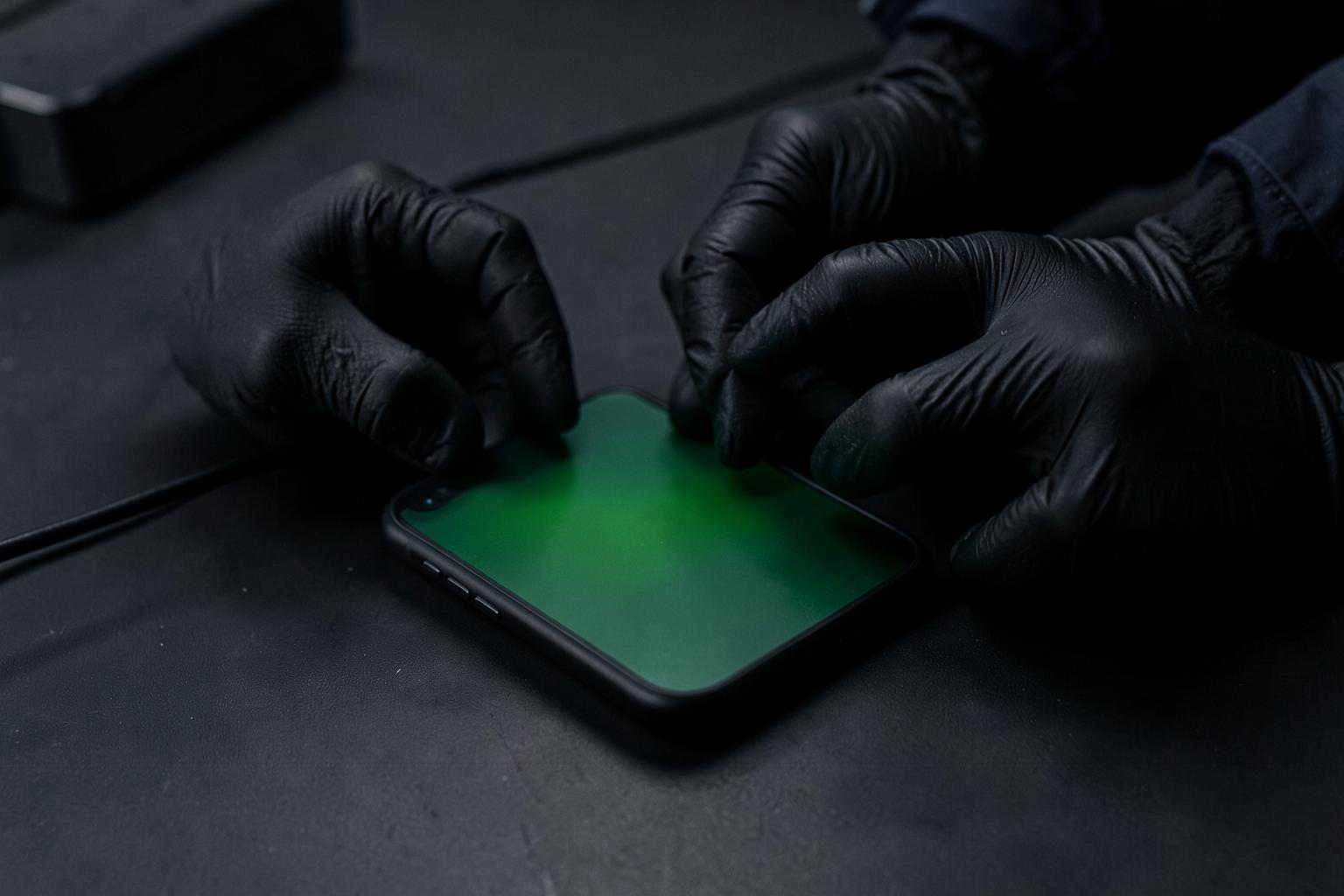 A technician preparing a matte black smartphone on a dark workbench