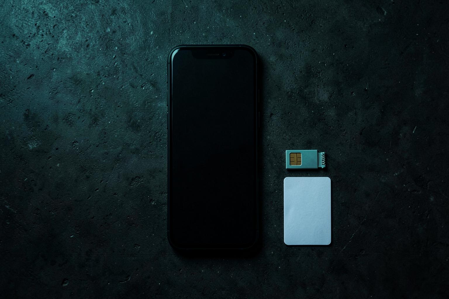 A matte black smartphone laid out beside an eSIM card on a dark surface